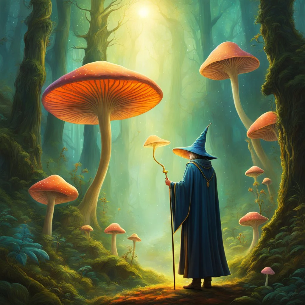 A wizard with a large wand in a magic forest full of big, outer worldly, alien mushrooms. Golden ratio, Digital Painting, Digital Art, Masterpiece, Profile Picture
