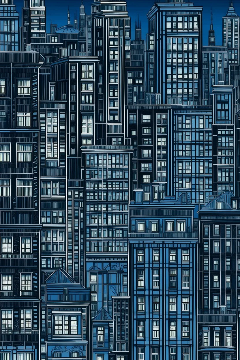 Very Fine lines draw of a dream city , nyc building , dark blue all windows are dark black
