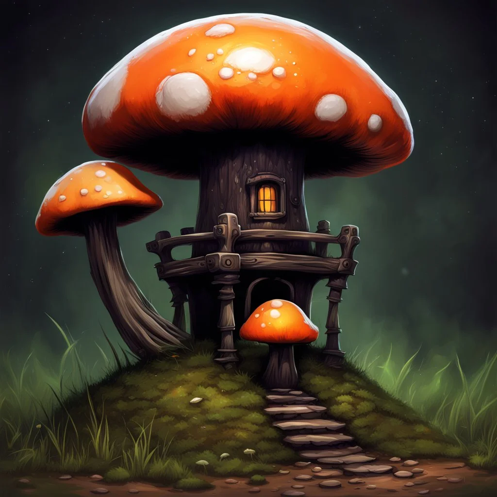 short mushroom house ( orange white ), on tall dirt pillar with a grassy top deepspace (black): a.. Detailed gloss Painting, rich color, fantastical, intricate detail, splash screen, hyperdetailed, insane depth, concept art, 8k resolution, trending on artstation