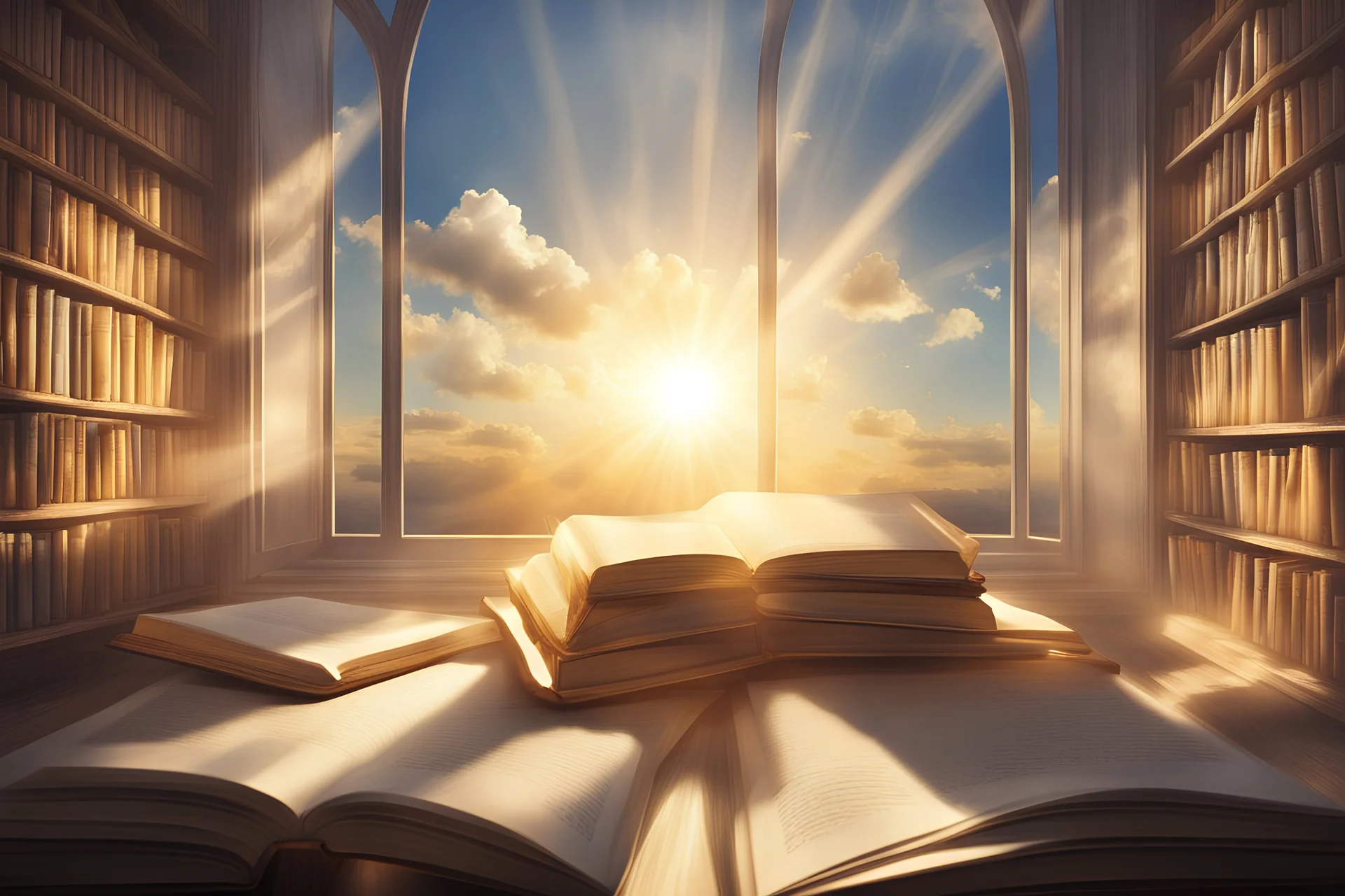 With the golden breath of the sun, the books caught light from the window that opened to the sky and attracted the eyes.