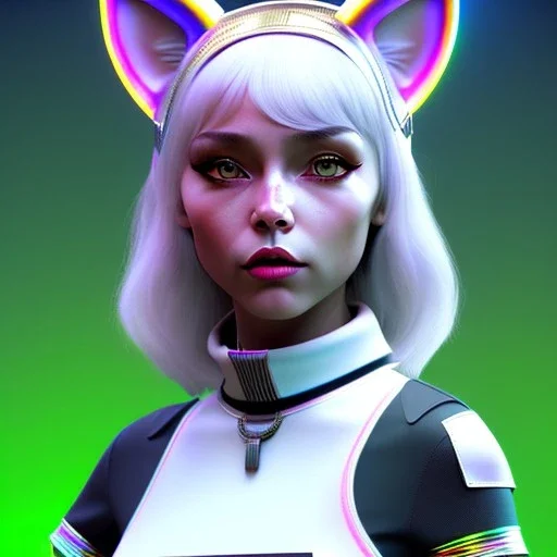 waitress teenager, Caucasian race, cat ears latex headband, rounded face, silver hair, short hair, light makeup, striped shirt, vibrant color, highly detailed, gradient background, concept art, smooth, 16 bit, unreal engine 5, god rays, ray tracing, RTX, lumen lighting, ultra detail, volumetric lighting, 3d, finely drawn, high definition, high resolution.