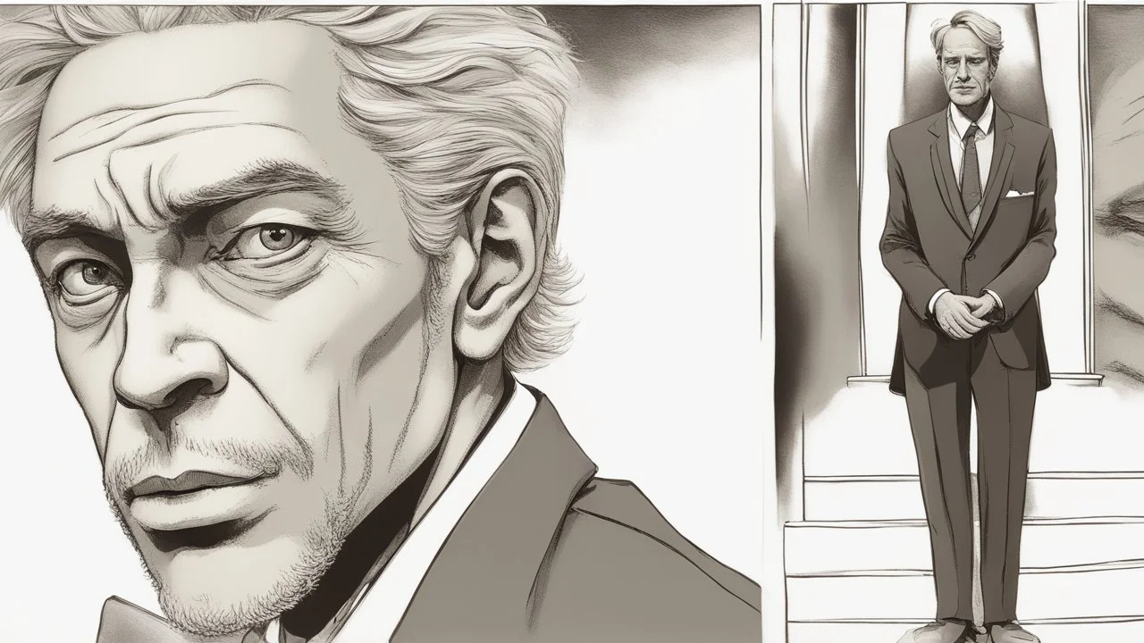 صورة تصوّر شخصًا ينظر إلى الأرض بتركيز عميق، ووجهه ينحني قليلاً نحو الأرض كأنه يحمل أسرار العالم بين عينيه. يظهر على وجهه تعبيرًا من الحكمة والثقة الراجحة، كما لو كان يفهم كل ما يجري في هذا الكوكب. إنه مرتديًا بدلة رسمية، مما يضفي عليه مظهرًا جديًا ومحترمًا. وجهه يتسم بالهدوء والتفكير، حيث يتأمل في تفاصيل الأرض والحياة من حوله بعمق. إنه كأنه يحمل وزرًا ثقيلًا من المعرفة والفهم، ويتعامل مع العالم بأسلوب متزن ومعبر. إن وجوده يلفت الأنظار ويثير الاهتمام بسبب وجاهته وقدرته على فهم أعمق للأمور.