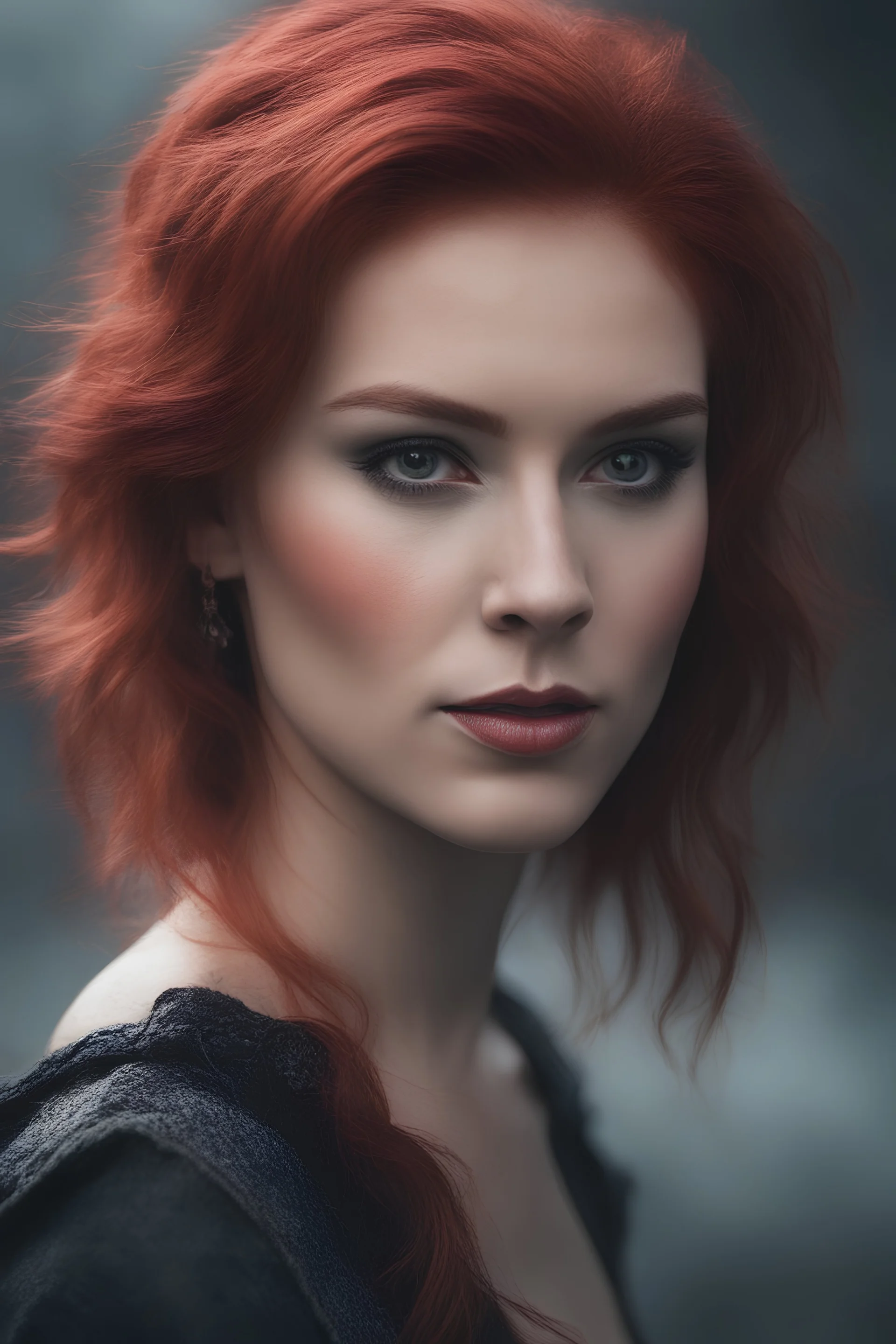 Misty Beaucannon with a single red hair - full color - 32k, UHD, 1080p, 8 x 10, glossy professional quality digital photograph - dark foggy gradated background, historic, powerful, octane rendering, exquisite detail, 30 - megapixel, 4k, 85 - mm - lens, sharp - focus, intricately - detailed, long exposure time, f8, ISO 100 - back - lighting, ((skin details, high detailed skin texture))