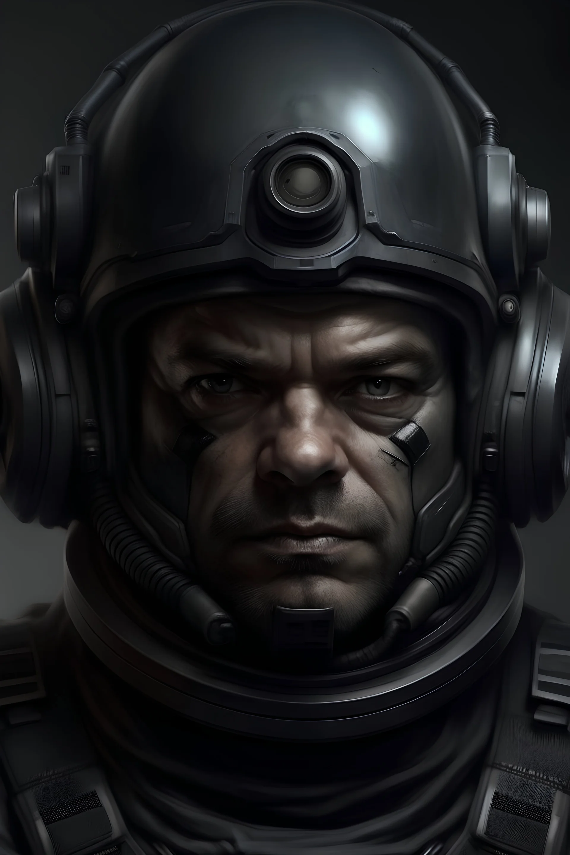 A DIGITAL ART portrait of a space marine. Style from The Expanse. He is 30 years old. He has a pilot helmet. He is reckless. His eyes are tired and worn. Grey.