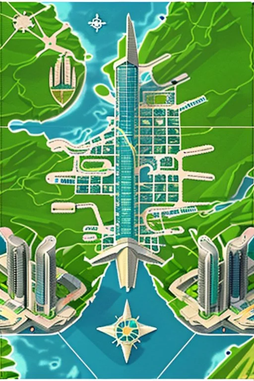 high detail map of an entire tropical dystopian small capital city