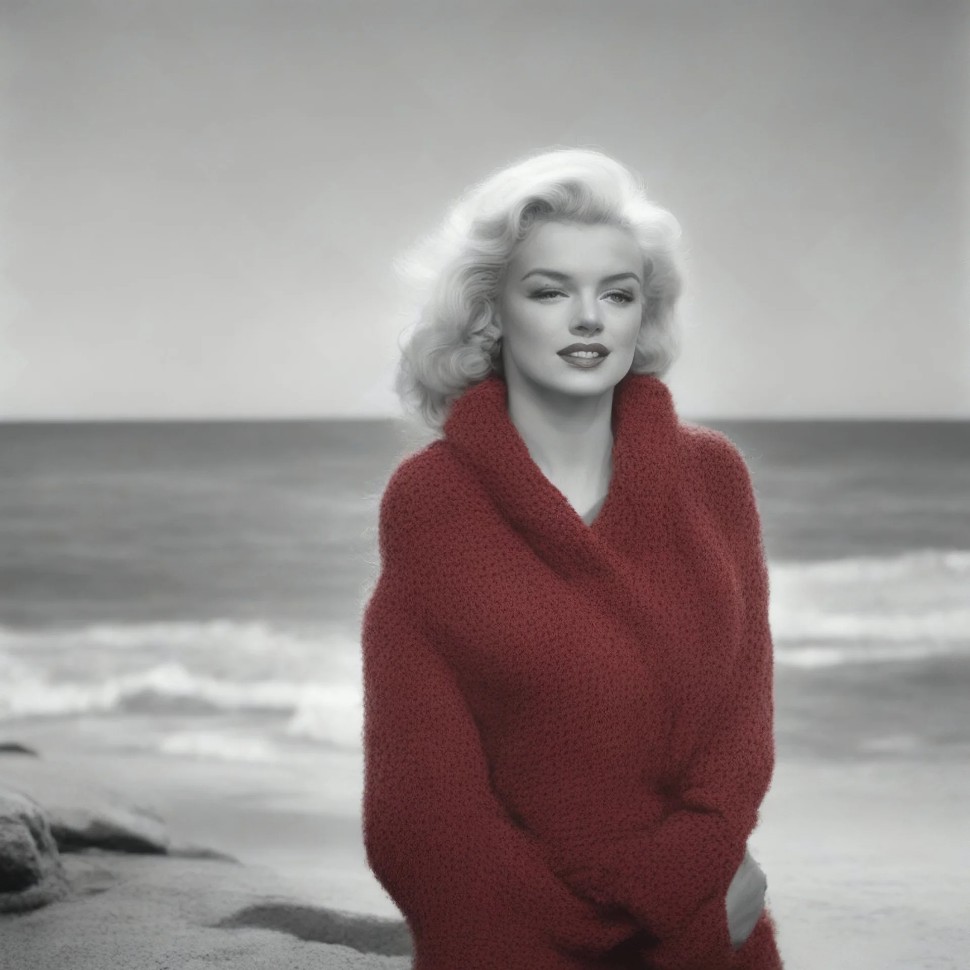 Marilyn monroe with long plaids, in a large red woollen sweater, on the beach, in the sun