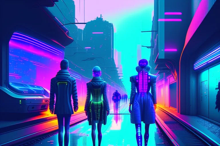 Cyberpunk street with holograms and train