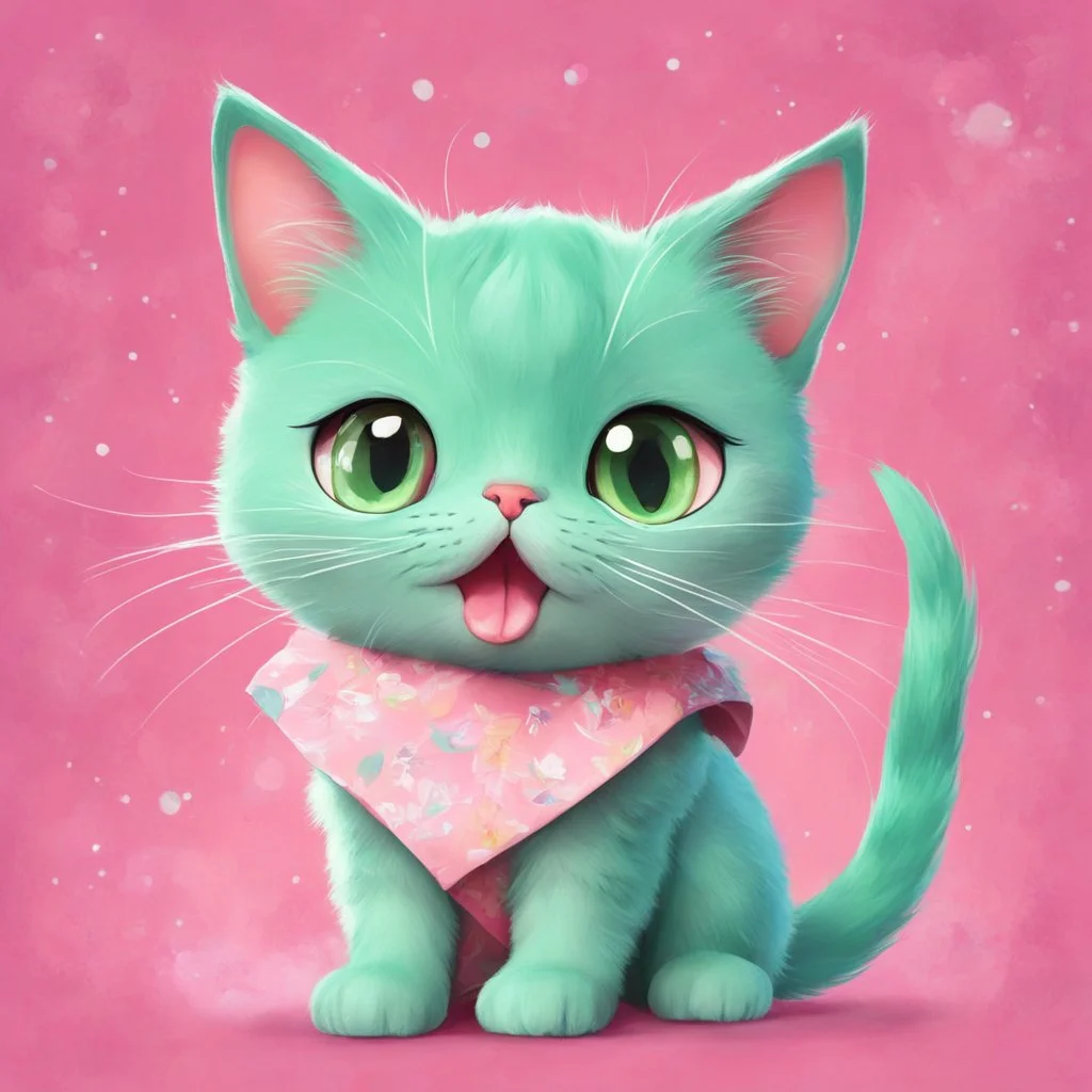 A captivating and playful digital art piece showcasing the adorable charm of a mint-colored cartoon cat, surrounded by a lively pink background, (captivating digital art:1.4), (playful cartoon cat:1.5), (lively pink background:1.3), (expressive mint hues:1.2), drawing inspiration from the styles of cute and playful illustrators, trending on CGSociety, Intricate, Sharp focus, dynamic lighting, (captivating:1.4), (playful ambiance:1.5), (lush fur details:1.3), Cartoon, Masterful, High Detail