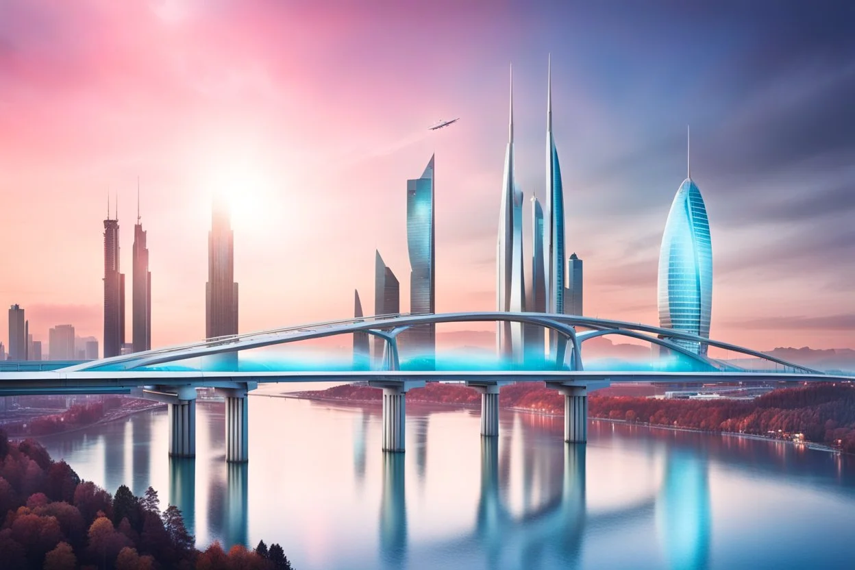 Dreamlike Skyline of Downtown futuristic hightech city in 4050 and a stunning futuristic Bridge During Sunlight with silver-grey clouds, over the azur-silver color river, cold colors, high detalied, sci-fi, landscape