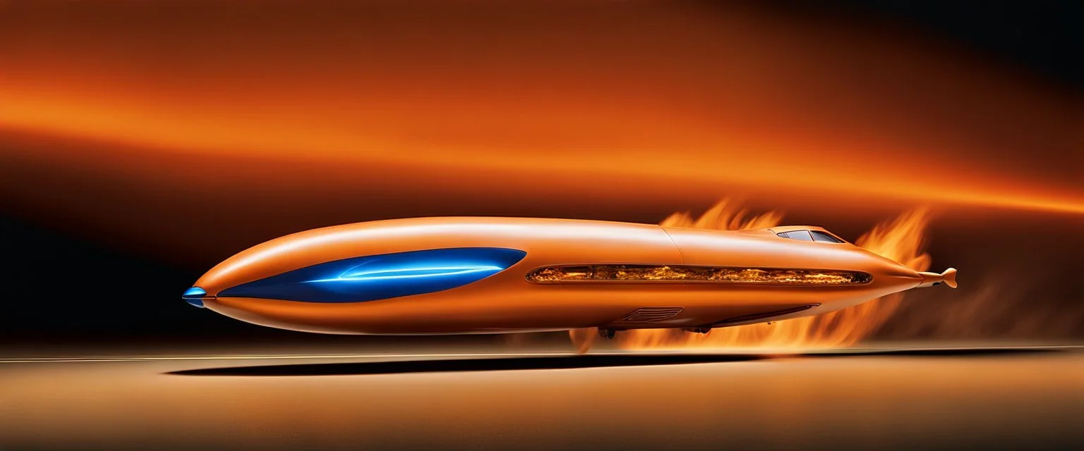 award winning car and driver photograph of a futuristic station wagon dirigible hybrid designed by only one vehicle per image painted metallic orange traveling at a high rate of speed, jet intake off of front center of vehicle and jet exhaust out the rear with bright blue flame, bilaterally symetrical, more a high speed road vehicle