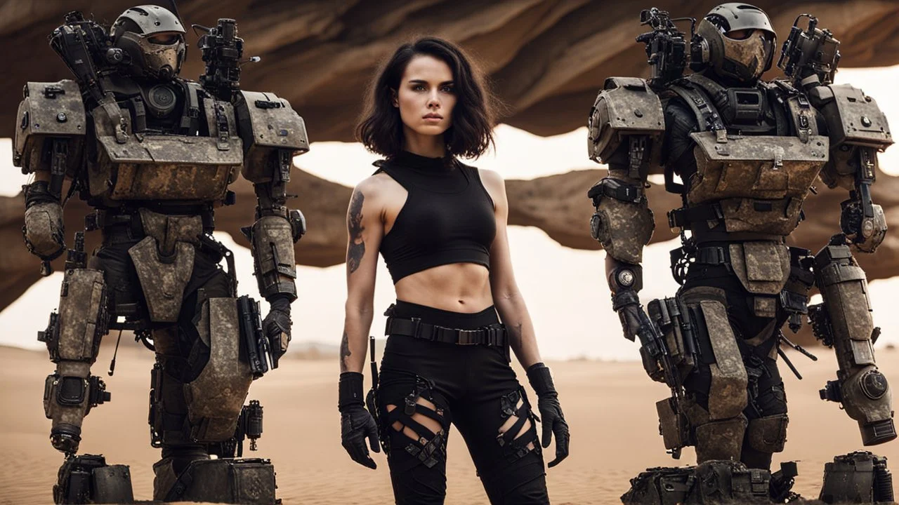 beautiful caucasian female soldier, black metal body and limbs, visible cybernetic limbs, scratched sand camo metal details, short brunette wavy bob haircut, dystopian, desert scene