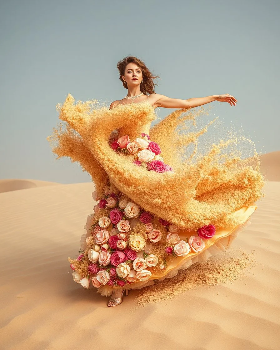 Gorgeous Photography dancer on the dune expression, high fashion, long dress made of sand, a swirling whirlwind of sand made of flowers of roses and peonies, fashion, heels, tornado splash made of sand and roses,beautiful, beige, ocher, pink