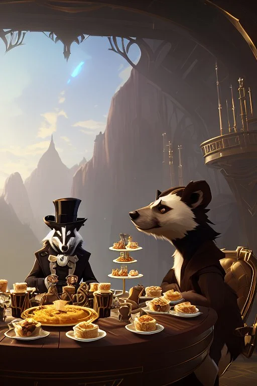 Anthropomorphic European badger wearing a tophat and having a tea party with his other anthropomorphic animal buddies. Illustration.