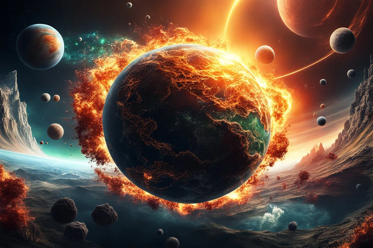 create a wildly imaginative otherworldly, chaotic birth of a planet , highly detailed, digital composite, 8k,