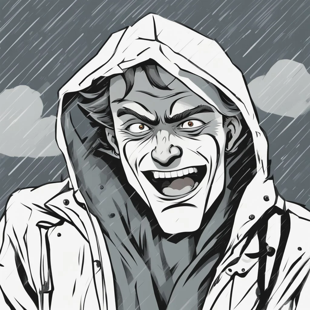 a closeup of a psychopathic young man with white eyes in a heavy coat and hood during a rainstorm laughing cartoon