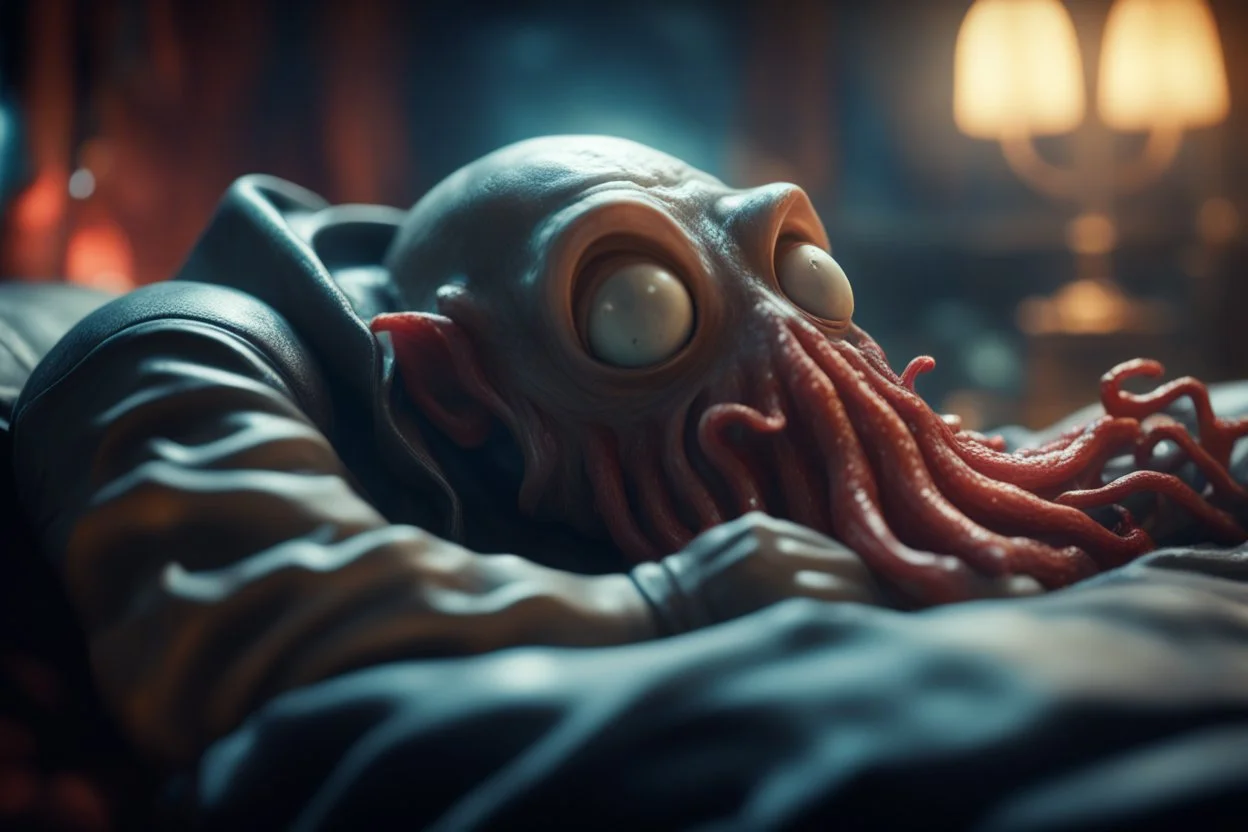 magus sleeping too close to a vampire squid containing plasma in the style of Fallout 4 , bokeh like f/0.8, tilt-shift lens 8k, high detail, smooth render, down-light, unreal engine, prize winning