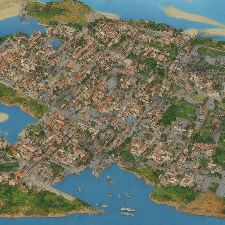 A small medieval coastal town next to a large river