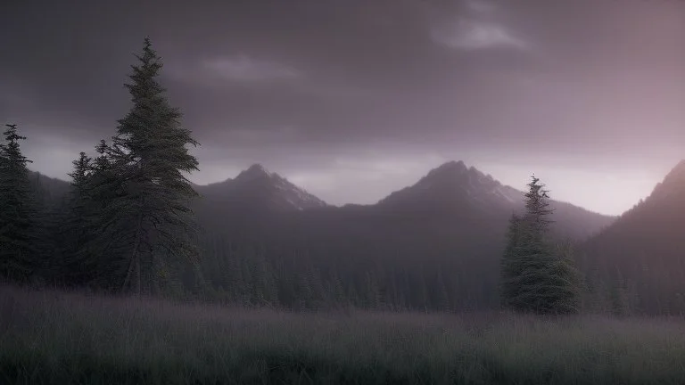 Cloudy dark sky, Distant epic mountains, trees