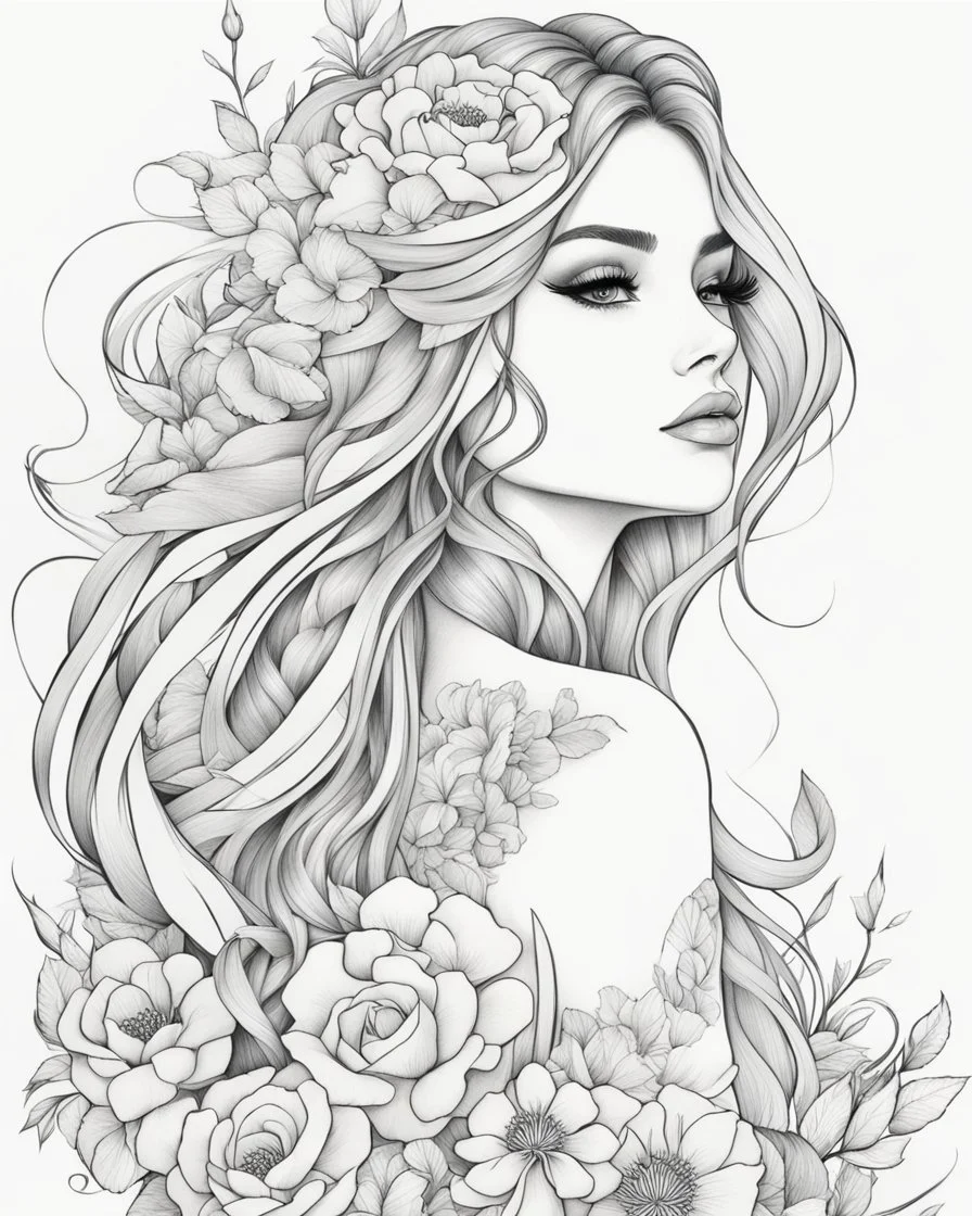 Line art: beautiful, mesmerized drawing skatche for full body girl in her hair nice flowers and in a beautiful flowering dress :: flower tattoos on her body, line art style, drawing