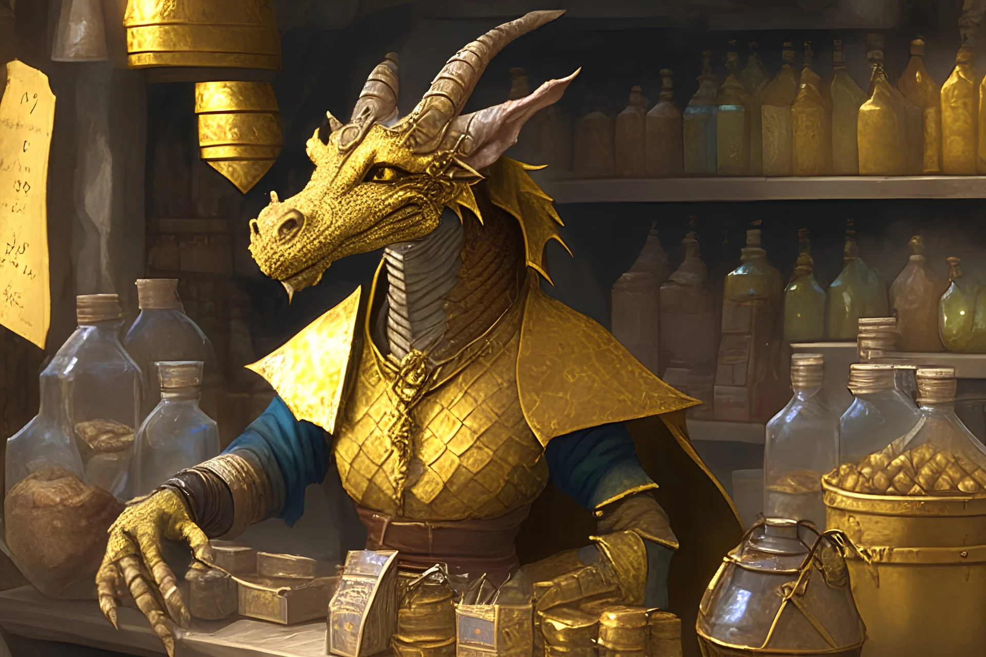 a old gold dragonborn shopkeeper