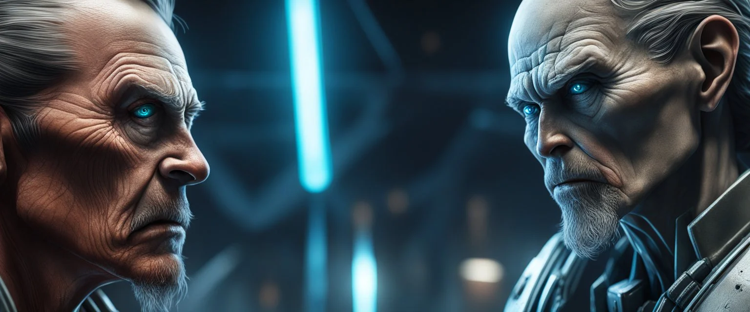 Close-up confrontation between an ancient alien outcast leader synth and a space broker, standing only a meter apart, intense eye contact, glowing crystalline rod between them, anger mixed with sadness, dramatic facial expressions, shallow depth of field, cinematic lighting, stylized 3D anime, airbrush painting, crisp outlines, escher , rembrandt and titian, fallout 4