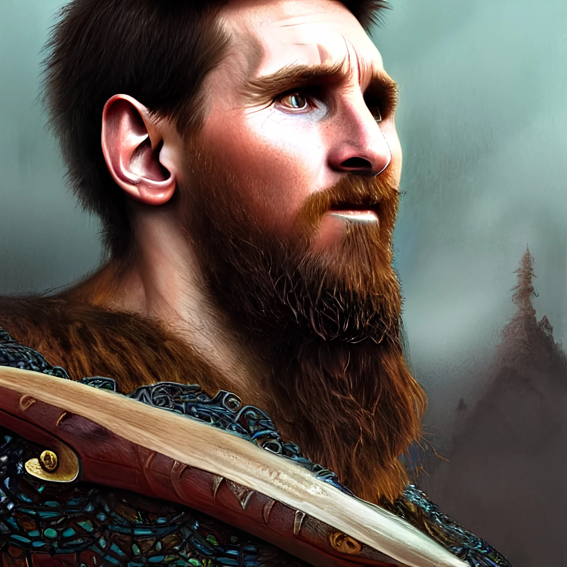 Messi as a viking, closeup, D&D, fantasy, intricate, elegant, highly detailed, digital painting, artstation, concept art, matte, sharp focus, illustration, art by Artgerm and Greg Rutkowski and Alphonse Mucha