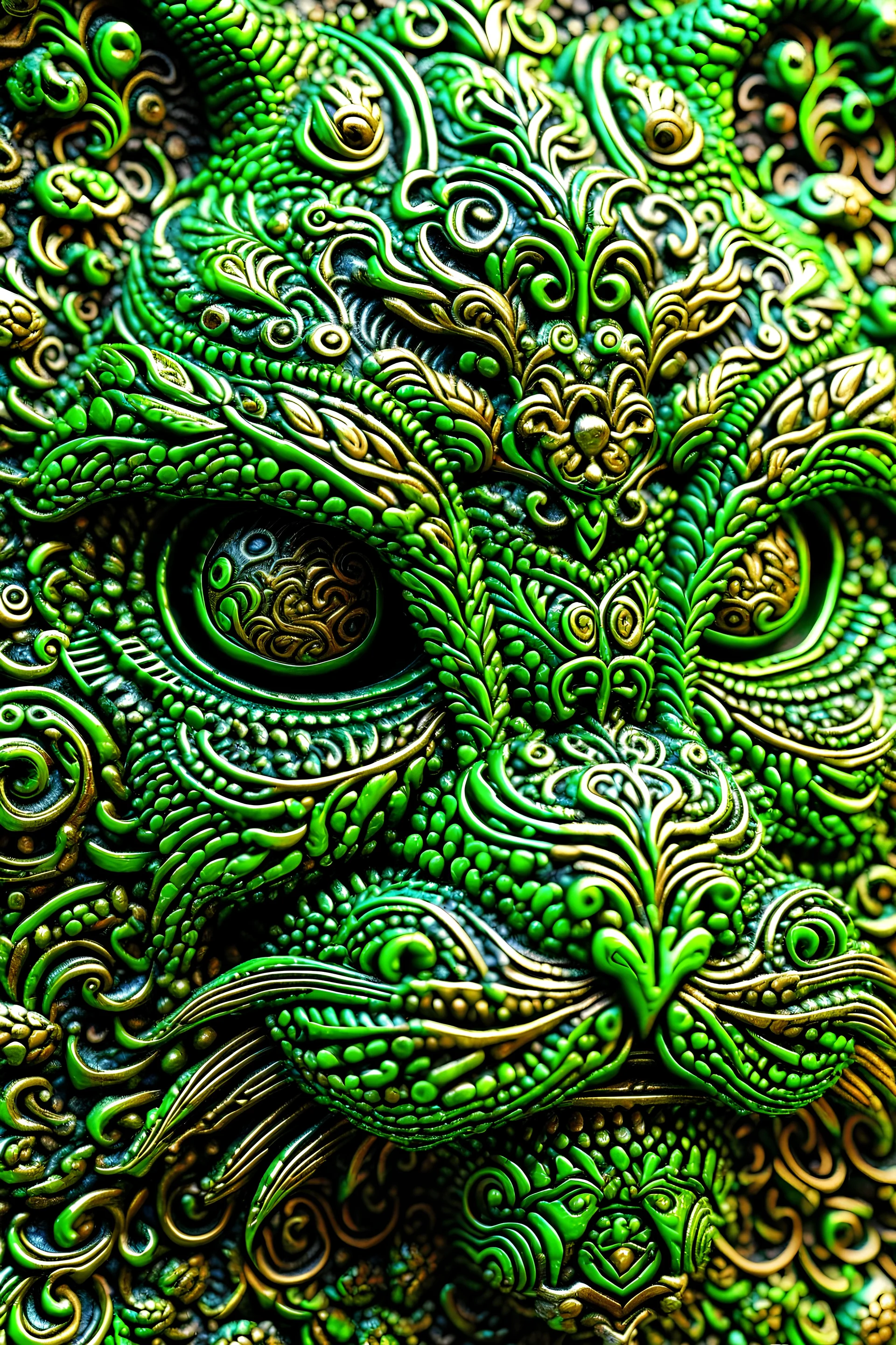 beautiful colourful highly detailed incredibly ornate decorative green man as a cat face 3 d sculplture by walter crane and william morris, closeup, twisting leaves, tiny fine flowing lines, abstract psychedelic, 8 k, artstation
