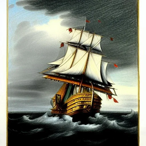 Dibujo de un Galeón español en una tormenta con estilo de CHRISTOPHER BLOSSOM