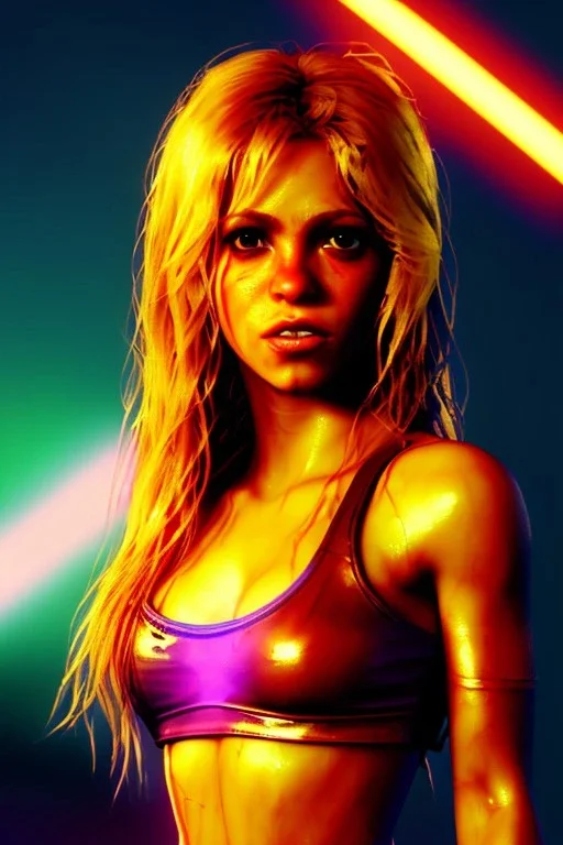 portrait, Shakira, blonde artist, angry, Realistic image, latex style dress. Skewers, loose long hair, eyes make up, perfect, glow, circle iris. Neon colors, leds, geometric shapes. Dark background, photo studio, neon lights. Mad max, concept art, smooth, unreal engine 5, god lights, ray tracing, RTX, lumen lighting, ultra detail, volumetric lighting, 3d, finely drawn, high definition, 4k.