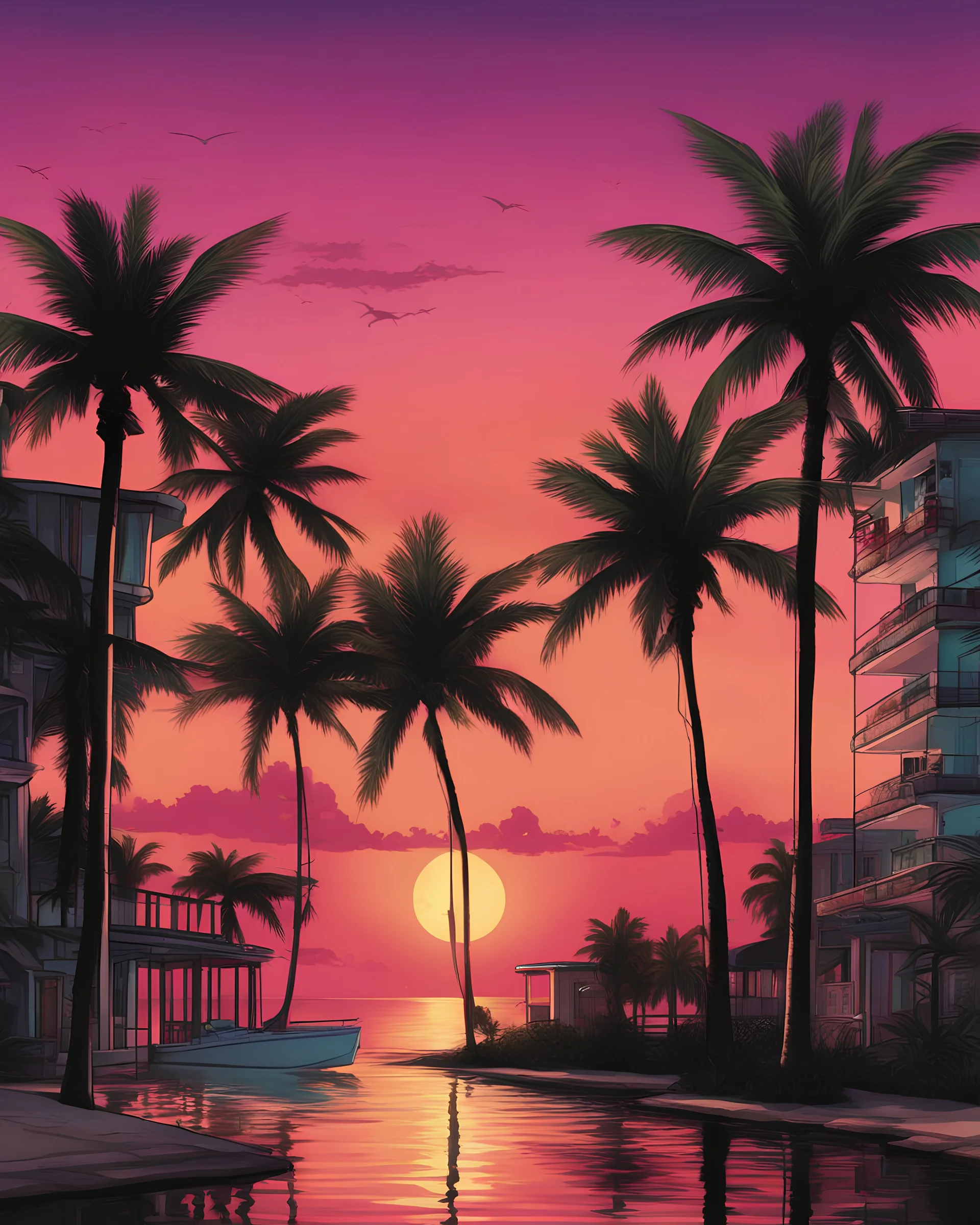 Grand Theft Auto , GTA VC, Grand Theft Auto Vice City, Style Art, Vice City, background Miami, Sunset