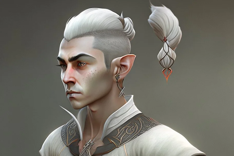 A Fantasy elf, a white masculine elf with short black hair tied up in a bun. Full body, HD