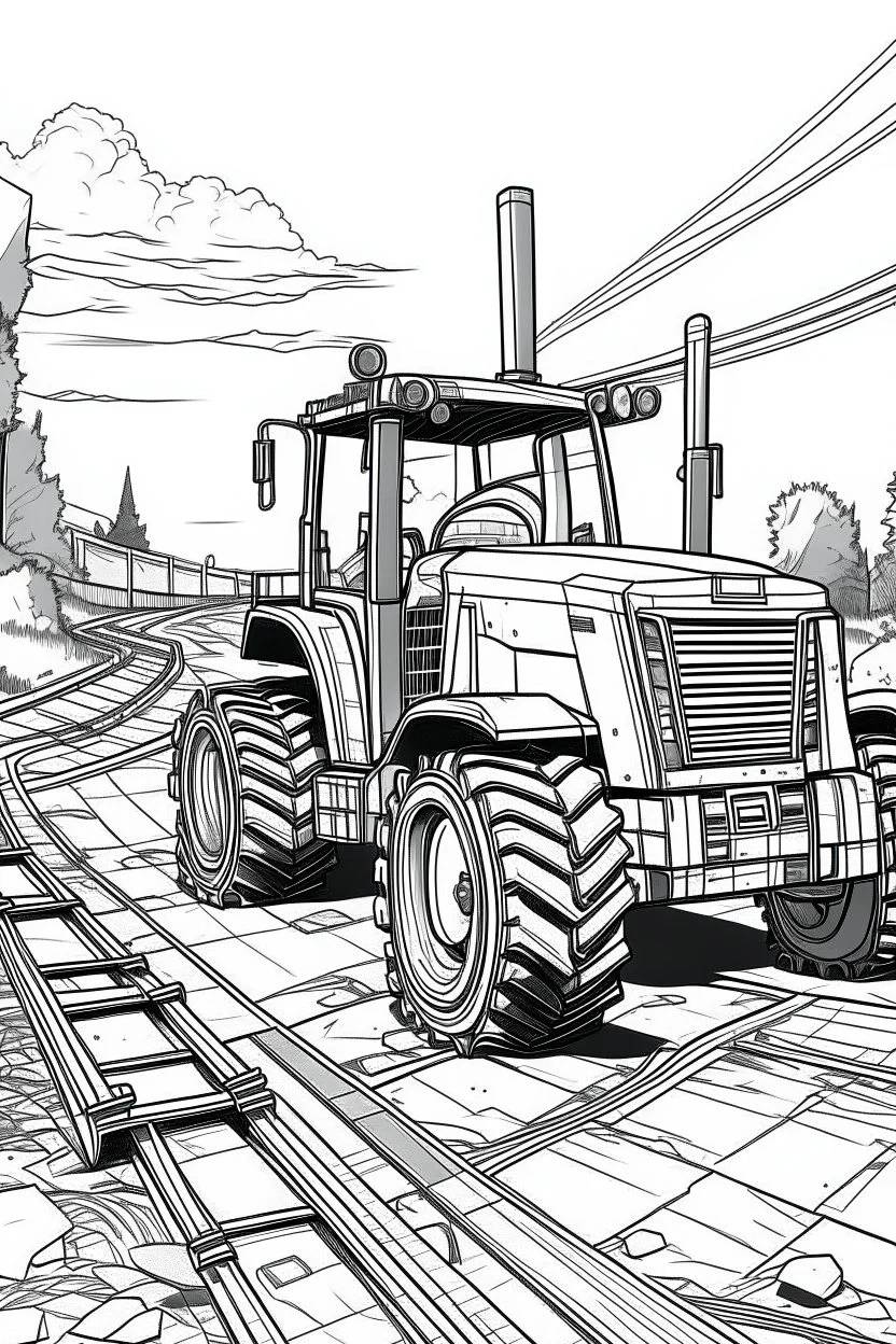 Outline art, no shading, bulldozer on the road, cartoon style, black and white, low detail, --ar 9:11