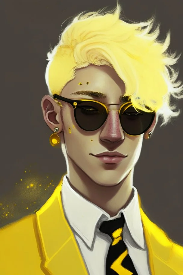 Realistic young man with fluffy yellow hair, big black eyes, yellow freckles, small black earrings, smirk, dark beige kin, yellow tuxedo, yellow star sunglasses on head