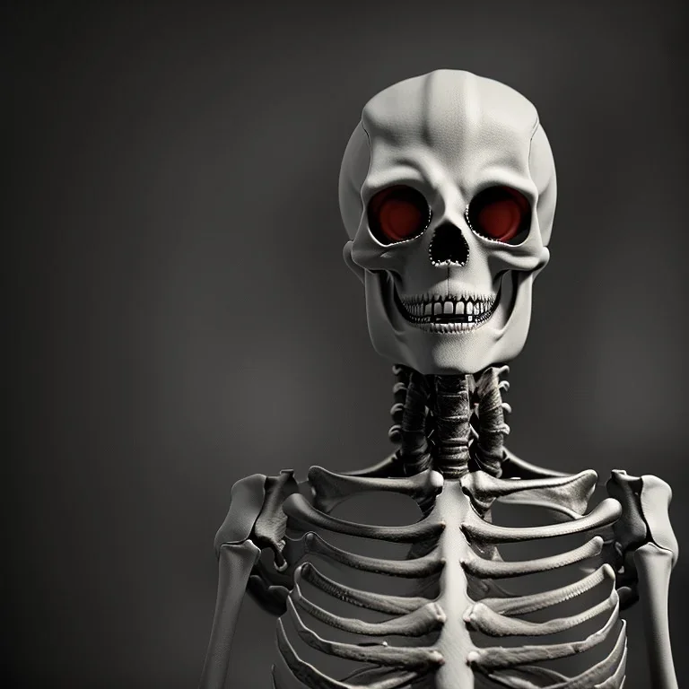 Smiling skeleton is photographer in studio. Big camera in hands. Photographic equipment, cameras, softboxes are in background. High detailed. Photorealistic. Scarry mood. volumetric lighting