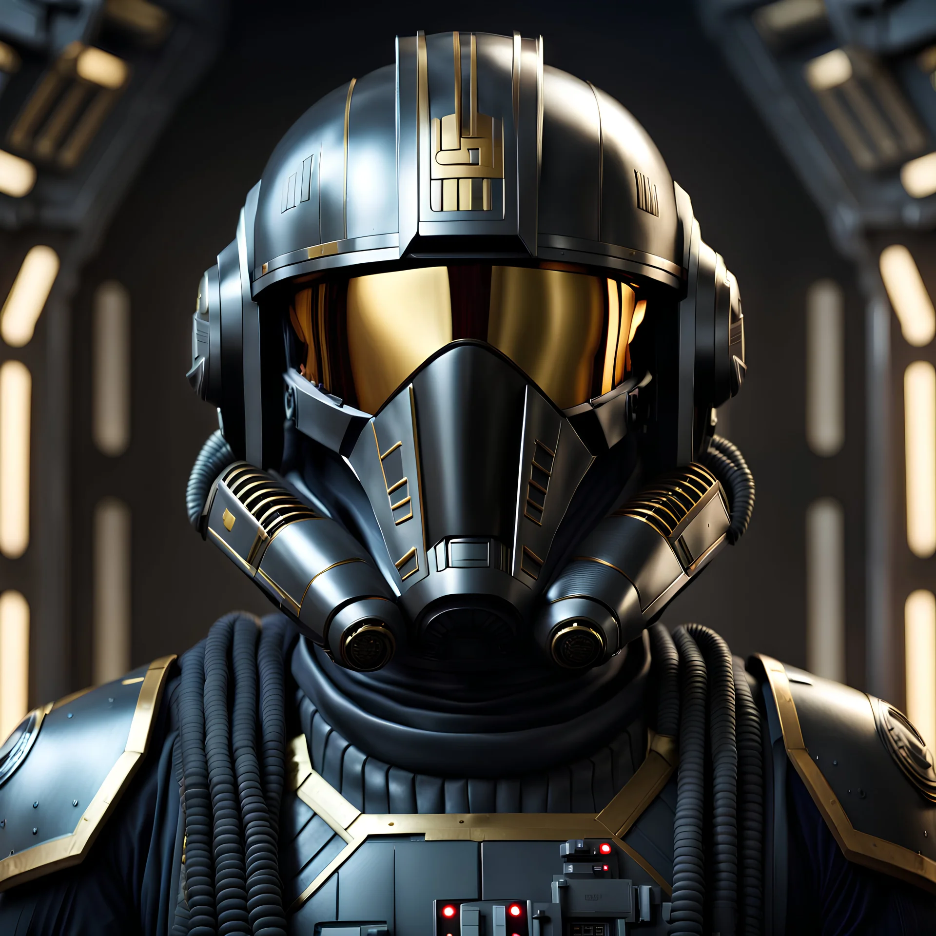 star wars bald male corellian pilot wearing gunmetal grey and black First Order TIE pilot armored flightsuit and helmet with gold trim inside the jedi temple, centered head and shoulders portrait, hyperdetailed, dynamic lighting, hyperdetailed background, 8k resolution, volumetric lighting, light skin, fully symmetric details