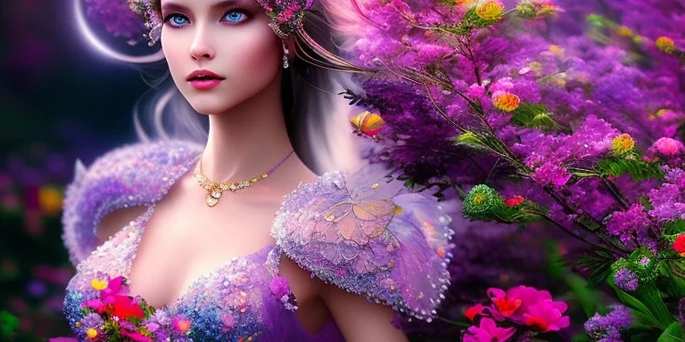 bright fairy, beautiful portrait, flowery landscape