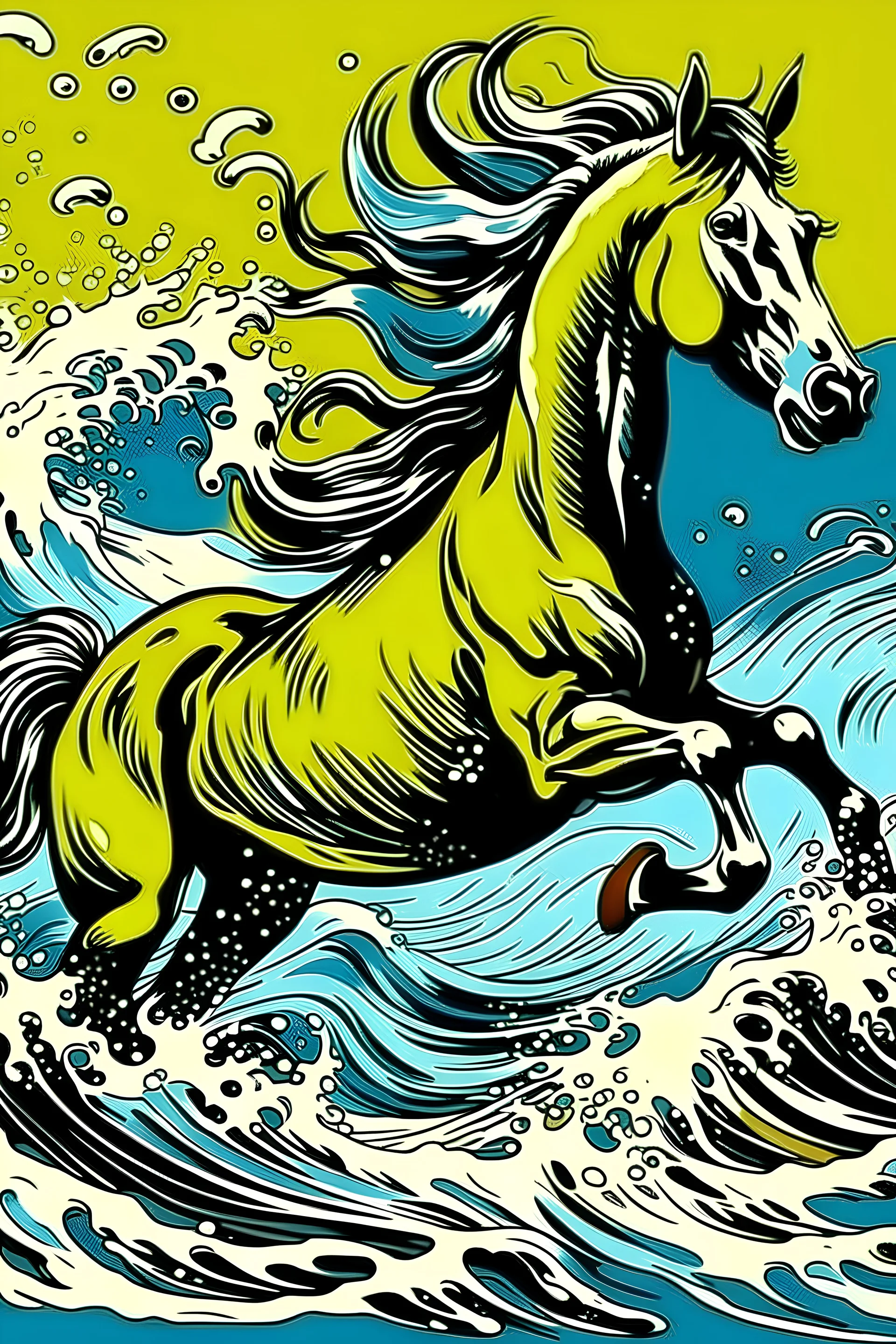 un caballo manchado surfeando olas en el mar al estilo andy wharhol
