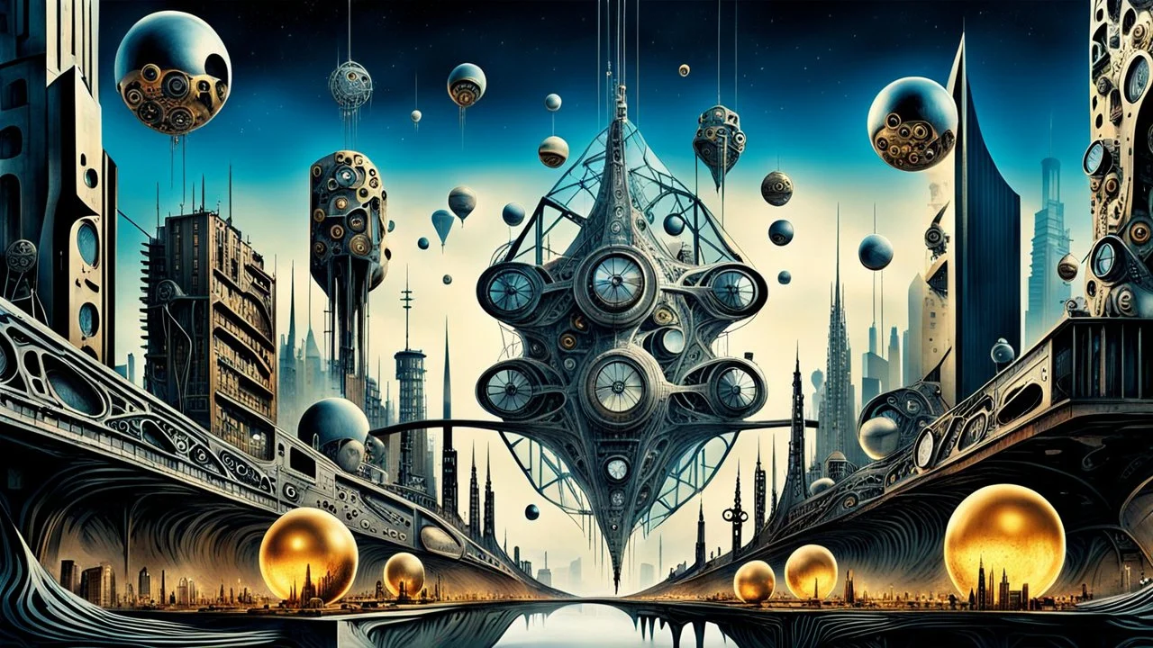 a stunningly weird image of a futuristic metropolis using Salvador Dali's paranoiac-critical method, where buildings and structures appear to melt into the skyline cityscape is filled with floating balls and triangles and mad, twisted sharp metal shapes that interact with the buildings and each other, forming a surreal tableau of a dreamlike reality. neu-steampunk vibe, essence of the scene in a cinematic manner, with dramatic shadows that enhance the distorted perspectives and bizarre