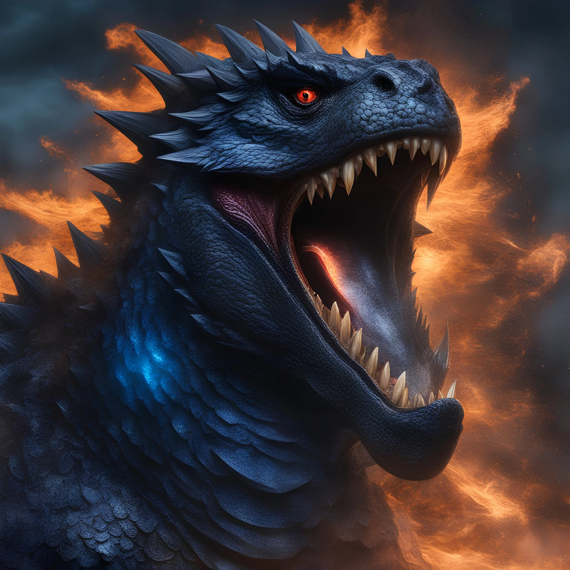 (Masterpiece), ((Godzilla rising from the Japanese Ocean)) with (extreme anger) in his face, medium perspective, metallic grey dragon skin scales, mouth open exposing ((stainless steal razor sharp teeth)), blue plasma aura glow around his body, (((blue flames exploding from his mouth))), panasonic lumix s pro 50mm f/1. 4, techpunk, knightcore. 8K, octane rendering, raytracing, intricate shadows, high definition, photo realism, hyper realistic, bokeh, acrylic paint, HDR, sharp focus, sharp edges,