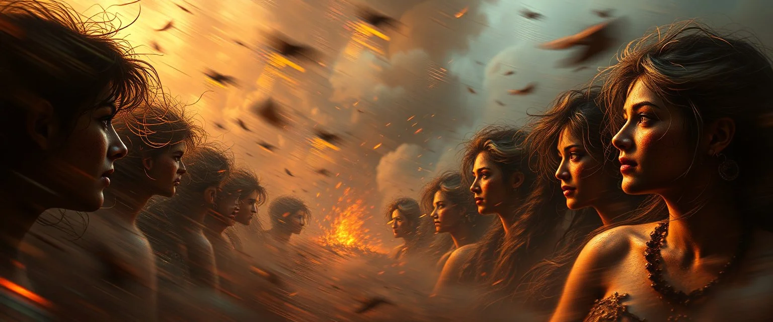 **“Flash-paintings amassed, struck by hairy gaze. Aye! Woe, behold! Oh, why reprimand? Our finest struggle ‘gainst fate’s stern hand; ’Tis work most noble, soaring and grand. Oh dreary, her fiery gaze grew somewhat hairy, And lo! The world did tremble ‘neath her stringed staring, Yet still the painted visions danced and tarried, Defying all, in bright-born light and winged daring.”** Hyper real. Glazed 3d. Motion blurred background.