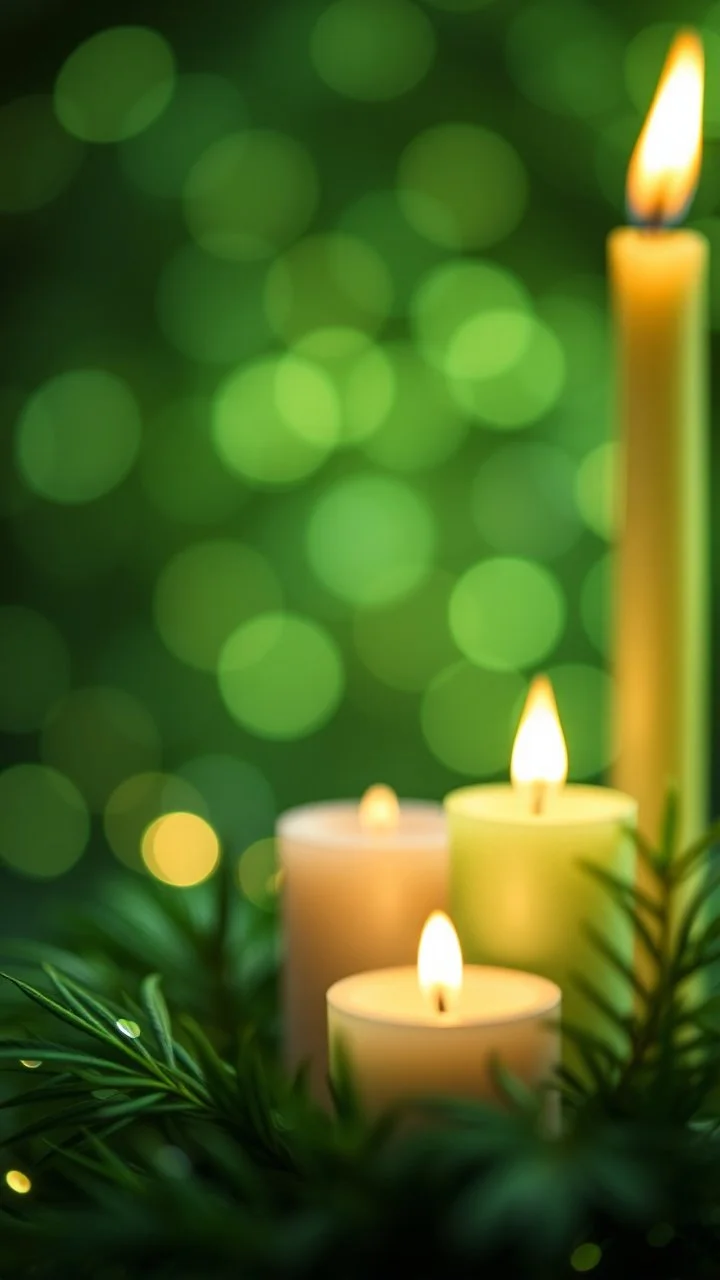 A very delicate New Year's composition, sparkling patterns, very delicate, iridescent bokeh. Marijuana green , small blurry candles