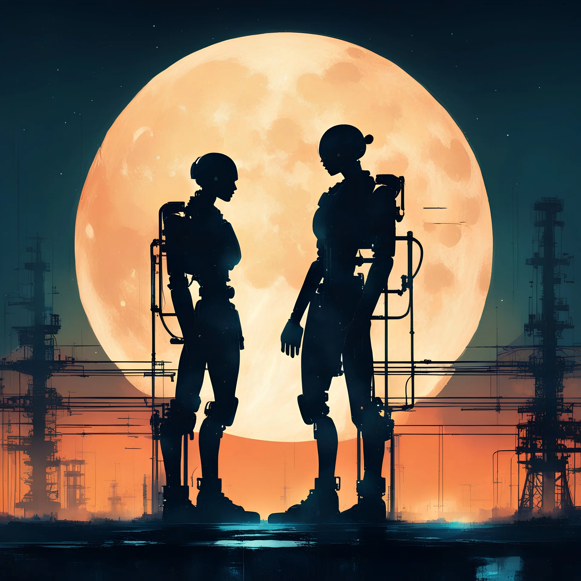 industrial background, silhouettes of two androids facing each other against a giant glowing full moon, neon glow, photolayer painterly styles, double exposure, dramatic, moody, romantic, by pascal Campion, impressionism