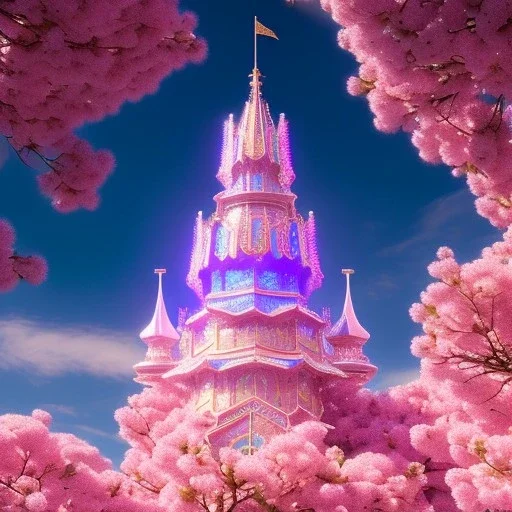 Blue cristal tower in a flowery countryside, glitter pink in a galactic ambiance, delicate colors in the foreground, full of details, smooth, light effect，vaporwave colorful, smooth, extremely sharp detail, finely tuned detail, ultra high definition, 8 k, unreal engine 5, ultra sharp focus