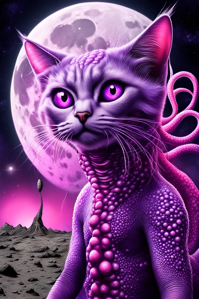 extraterrestral being, big height, small purple tentacles, CAT body, reptile tail, REPTILE SKIN, one big eye on MID OF head, grey skin, pink skin, STAY ON MOON, BEHIND THE PLANET EARTH