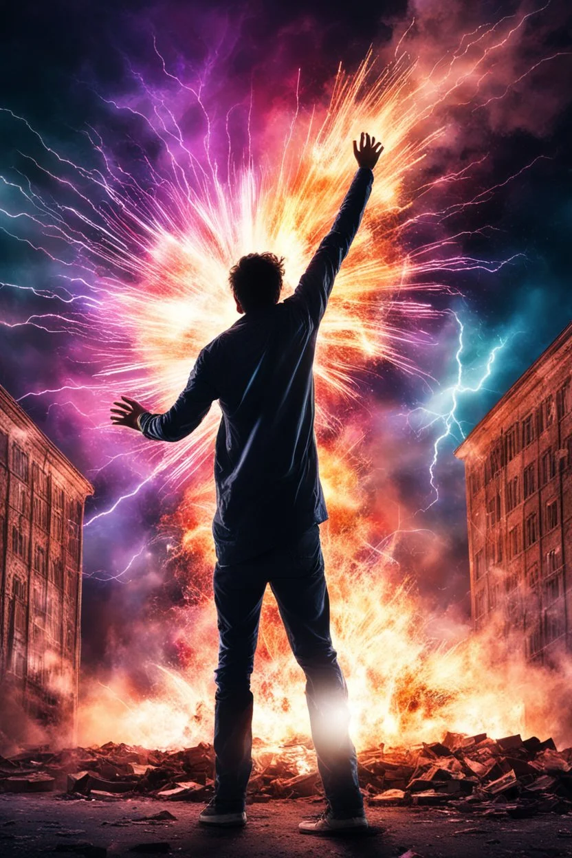 Young man standing, with arms raised, in front of a building that is exploding at night, with coloured auras and lightning around him