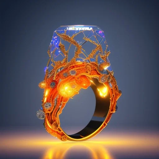 Ring made by wood roots and shreds of glass, orange diamonds sparkles, red rubi fragments around, blue lights reflexes, complex structure, gold details, intricate ring pattern, product studio shot, very detailed, dramatic light, 3/4 shot, octane render, 8k, 60° shot, humming bird, Unreal Engine 5, lens macro,sharp focus, realistic, hyper detailed, studio lighting, neon light ambient,