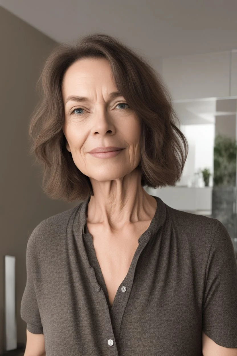 A selfie of a brunette woman, middle short hair taken after massage at spa salon. showing a 47-year-old European woman. She has white skin, tousled brown hair, face without makeup, big round dark brown eyes, cute profiled nose, detailed full lips, skin texture.