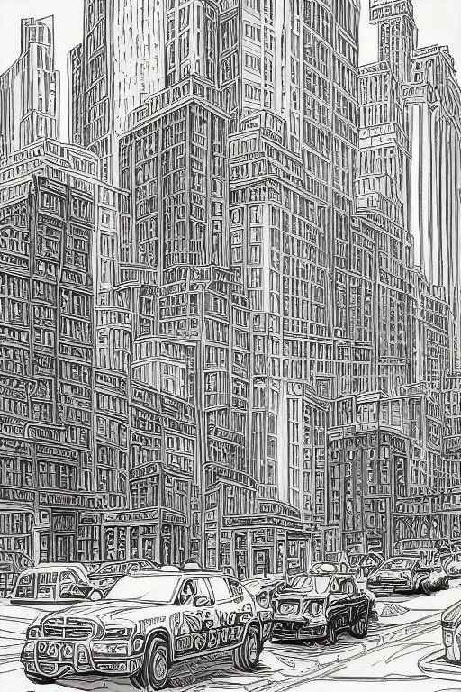 A Coloring book page, black and white, new york classic standard Townhouse, classic new york city taxi, busy street. The outlines should be simple and suitable for younger colorists.