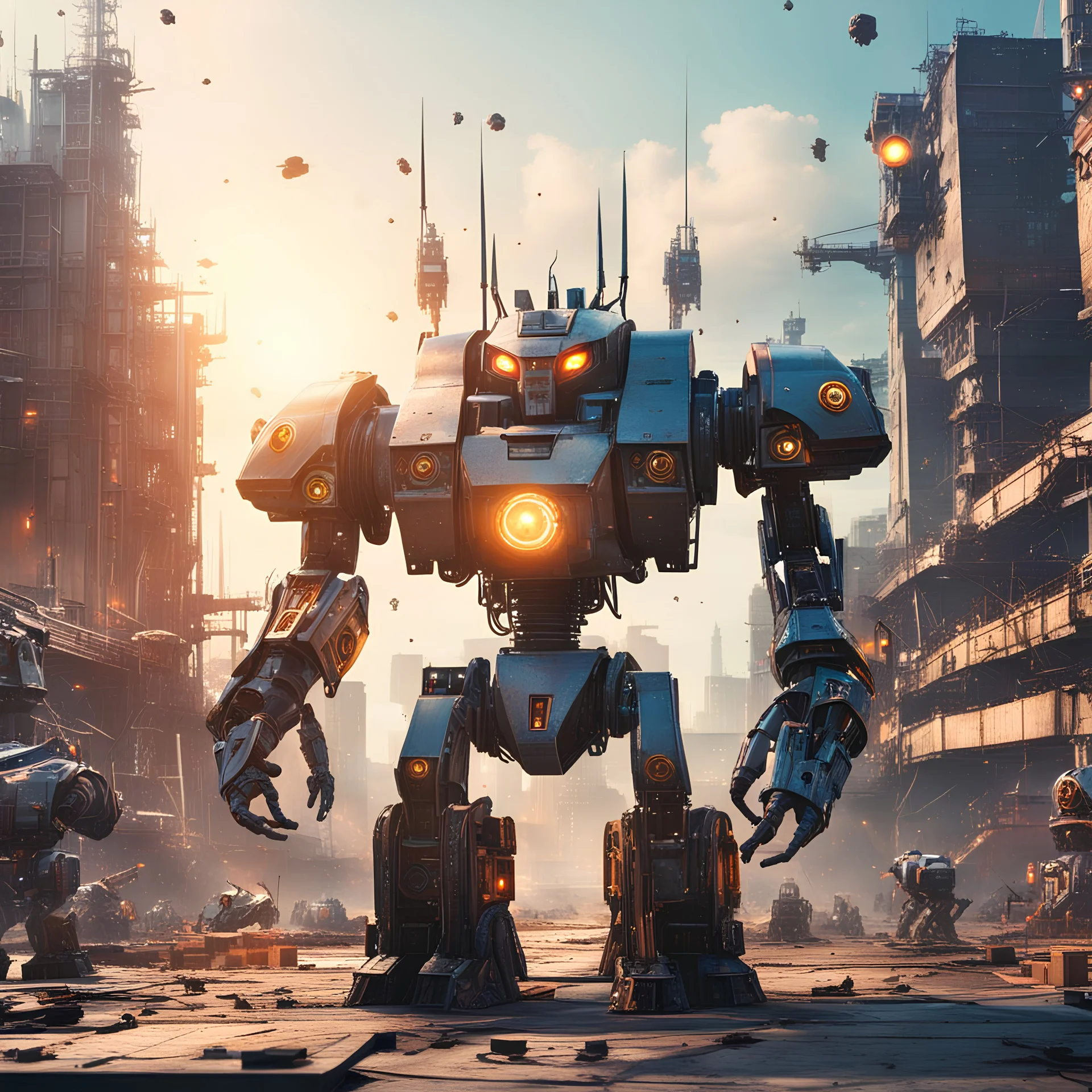 Generate a big angry Robot in an industrail City with many small Robots in the Background. best Quality, 8k