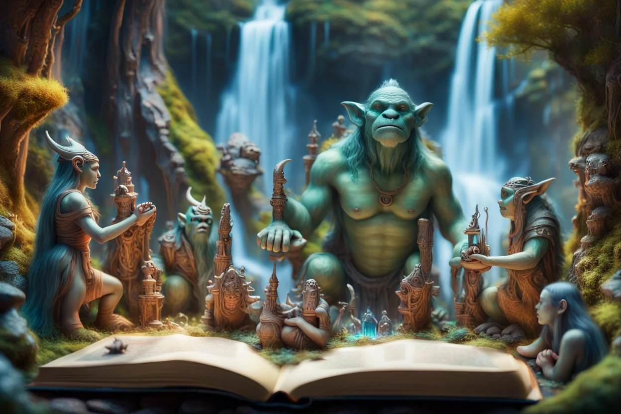 book cover oil painting of archeologists discovering elven woodland creatures in Rivendell worshipping big fat alien troll statues with many head and idols like from a myth or legend, on a strange planet with weird colors and waterfalls, bokeh like f/0.8, tilt-shift lens 8k, high detail, smooth render, down-light, unreal engine, prize winning